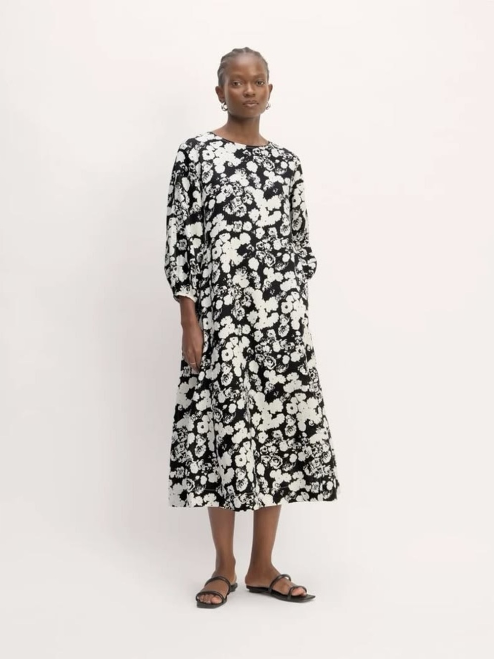 Everlane Linen A-Line Midi Dress black & bone floral print 4 Original $158